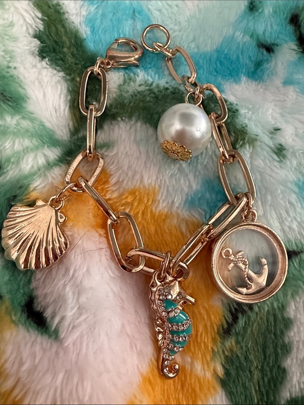 crown & ivy Gold-Tone Seahorse and Shell Charm Bracelet with Turquoise Accents